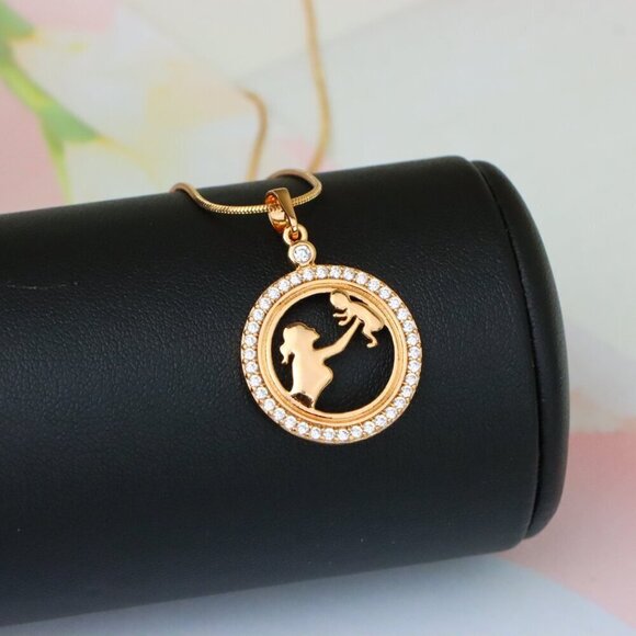"Rose Gold Circle Pendant with Mother & Child Design and CZ Accents, XPPT1401 - Picture 6 of 13